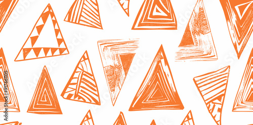 Abstract seamless pattern of orange triangles with textured fill on a white background This pattern is perfect for use in design projects such as fabric wallpaper and packaging