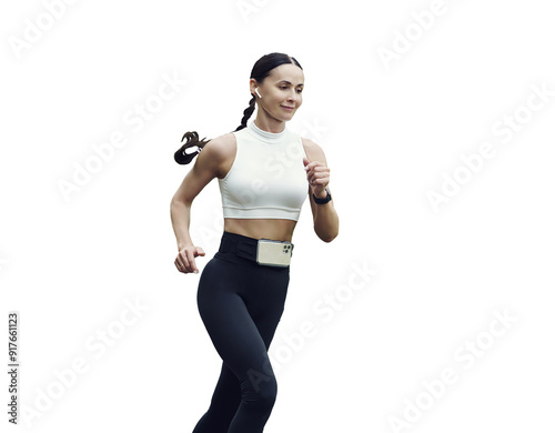 female athlete runs in the park, does fitness, reduces weight, and leads a healthy lifestyleб isolated on transparent background, png photo