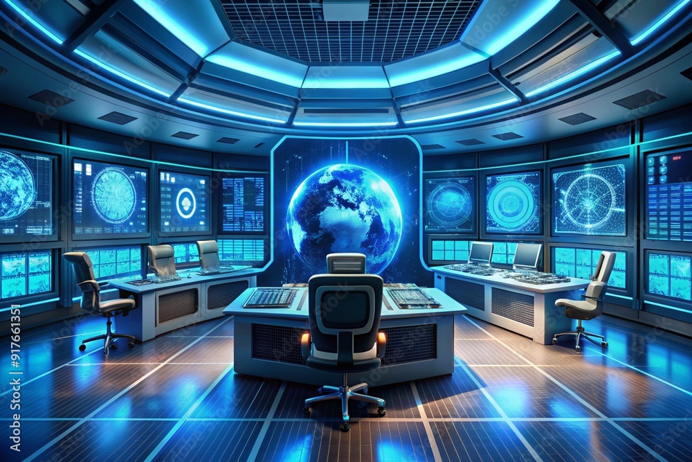 A large room with many computer monitors and a round table in the center A large room with many computer monitors and a round table in the center