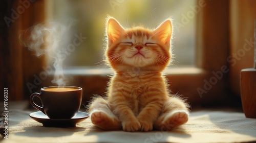 A cute ginger kitten sits on a rug and meditates, there is a cup of coffee in front of him, and with a contented expression on his face photo