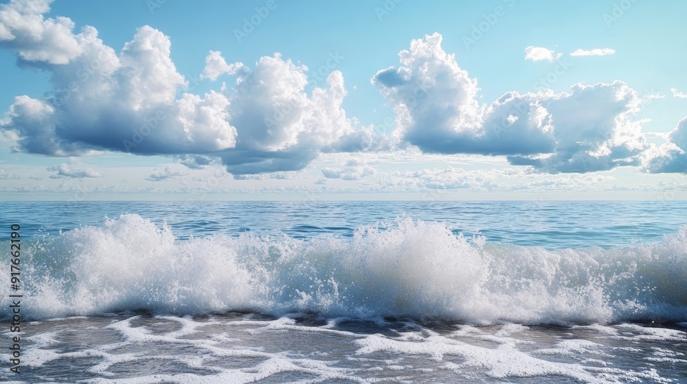Obraz premium Powerful foamy sea waves rolling and splashing over water surface against cloudy blue sky
