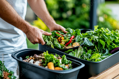 Fresh greens and vegetables organized in containers, showcasing healthy eating and culinary preparation in a vibrant setting.