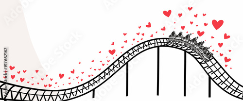 A black and white roller coaster track with red hearts scattered around it representing the ups and downs of love