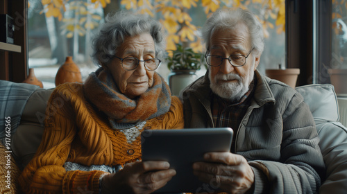 elderly couple enjoying us digital tablet surfing the social media, grey hair, active senior, facial expression, sitting on sofa in living room, wide shot perspective, home decorate
