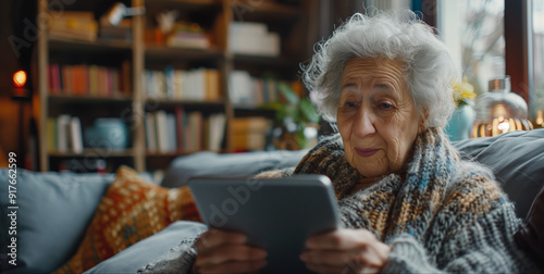 elderly woman enjoying us digital tablet surfing the social media, grey hair, active senior, smiling facial expression, sitting on sofa in living room, wide shot perspective, home decorate