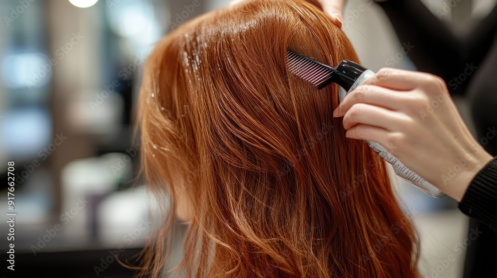 Fototapeta premium a woman long auburn hair in preparation for styling at a modern hair salon