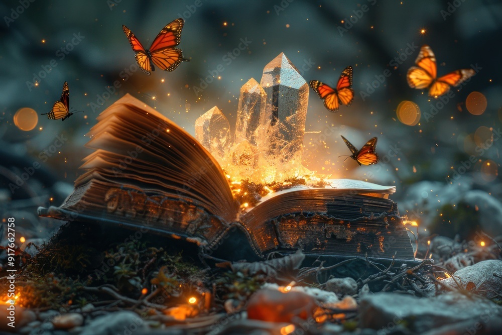 Obraz premium Enchanted Book with Crystal and Butterflies
