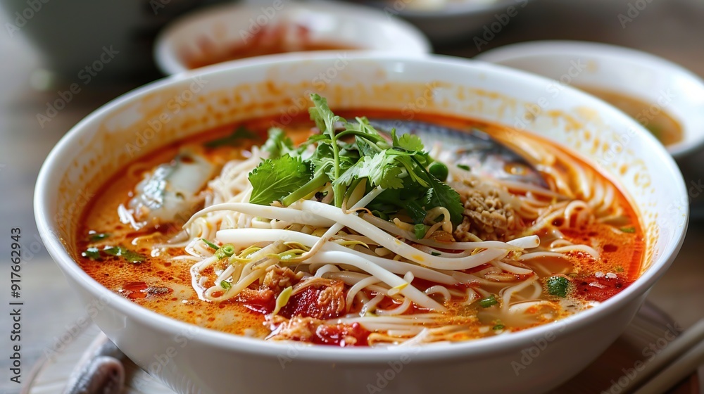 Laksa Medan. Peranakan fish noodle soup popular. Generative Ai Laksa Medan. Peranakan fish noodle soup popular. Generative Ai