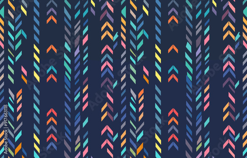 Colorful geometric chevron pattern on a dark blue background This abstract design features repeating arrow shapes in a variety of vibrant hues creating a visually stimulating and dynamic backdrop