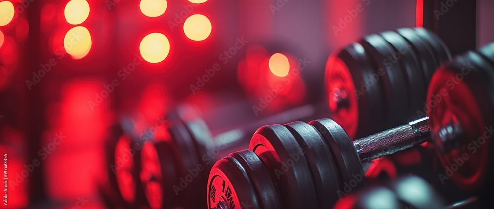 Fototapeta premium Closeup of Dumbbells in a Gym with Red Lighting
