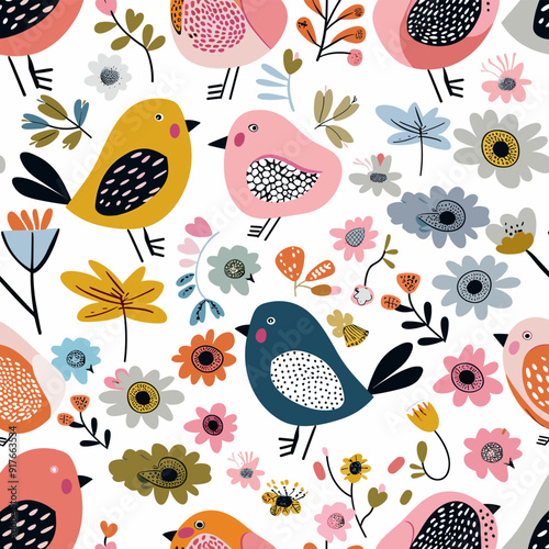 A cheerful and colorful seamless pattern featuring various birds and flowers perfect for adding a touch of spring to any project