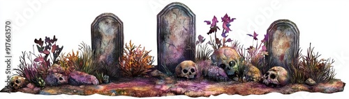 A detailed illustration of gravestones surrounded by eerie plants and skulls, perfect for Halloween and gothic themes.