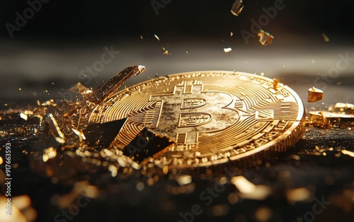 A dramatic close-up of a shattered Bitcoin on a dark background, symbolizing the volatile nature of cryptocurrency investment.