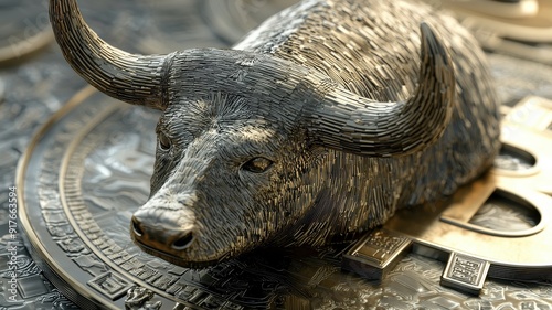 A detailed sculpture of a bull on cryptocurrency coins, symbolizing strength and growth in the financial market.
