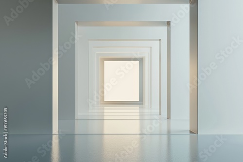 A minimalistic corridor with illuminated white walls creating depth and perspective, evoking tranquility and modern design.