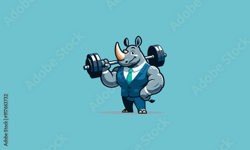 character rhino holding dumbbell vector mascot design