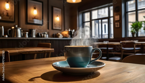 Close-up view of cup of cappuccino coffee cup at cafe wooden table. restaurant environment 