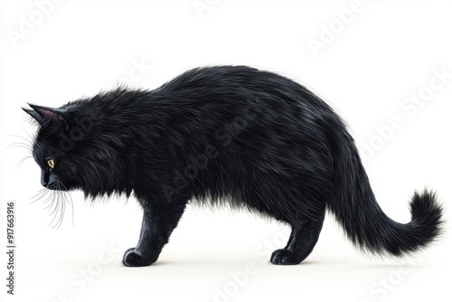 A sleek black cat gracefully prowls, showcasing its elegant fur and inquisitive nature against a pure white background.