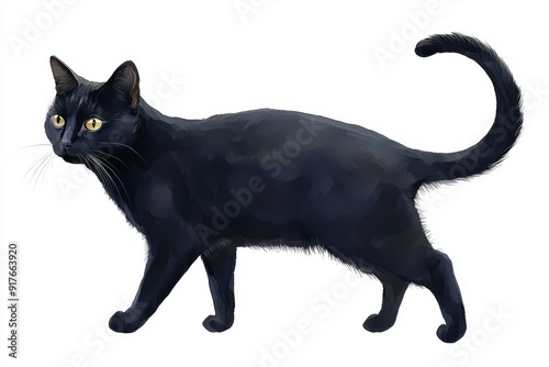 A sleek black cat walking gracefully, showcasing its shiny fur and bright yellow eyes, perfect for animal lovers and pet enthusiasts.