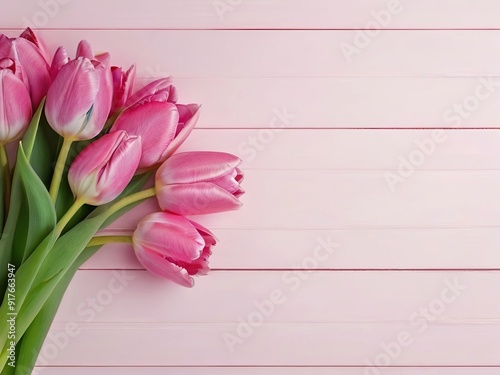 on a pink pastel wooden background with pink tulips