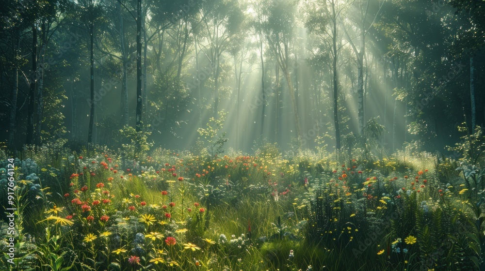 A magical forest scene with sunbeams shining through a dense fog. A magical forest scene with sunbeams shining through a dense fog.