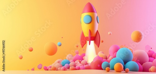A vibrant rocket launching among colorful spheres, representing creativity, adventure, and exploration in a playful digital art style.