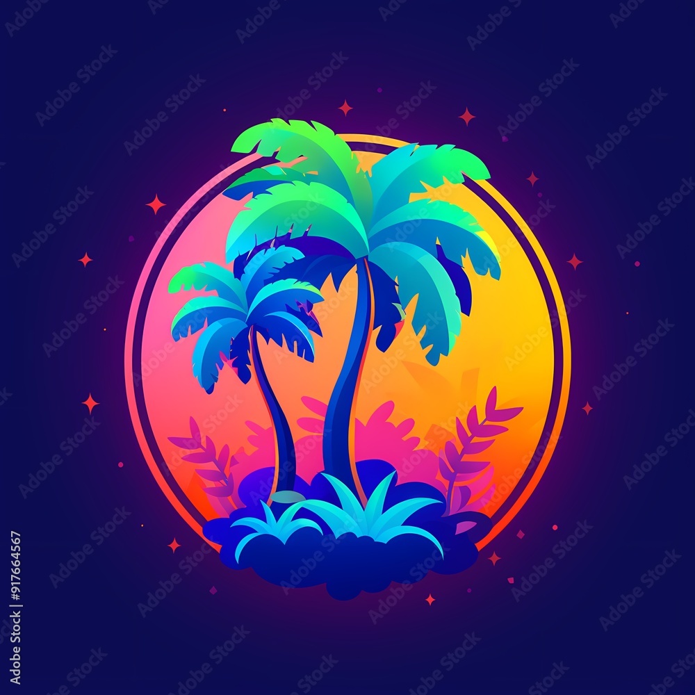 Vibrant tropical scene with stylized palm trees against a colorful gradient background. Vibrant tropical scene with stylized palm trees against a colorful gradient background.