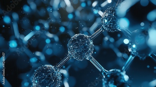 Close-up view of molecular structure showcasing intricate connections and blue particles, ideal for science and technology themes.