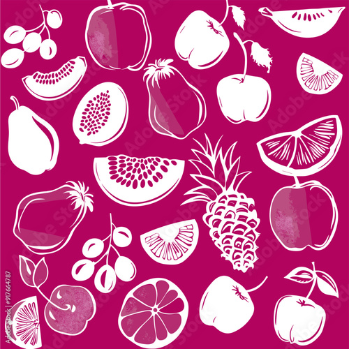 A vibrant pink background with white silhouettes of various fruits including apples cherries pears grapes pineapples watermelons and citrus fruits