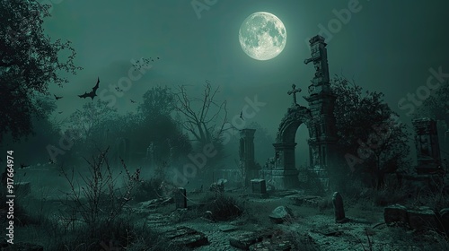 A desolate cemetery with a full moon casting eerie shadows, bats in flight