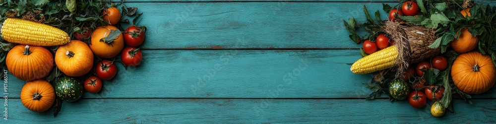 Rustic Autumn Harvest: Colorful Arrangement of Fresh Vegetables and Fruits on a Blue Wooden Table Background Ideal for Seasonal Decoration Rustic Autumn Harvest: Colorful Arrangement of Fresh Vegetables and Fruits on a Blue Wooden Table Background Ideal for Seasonal Decoration