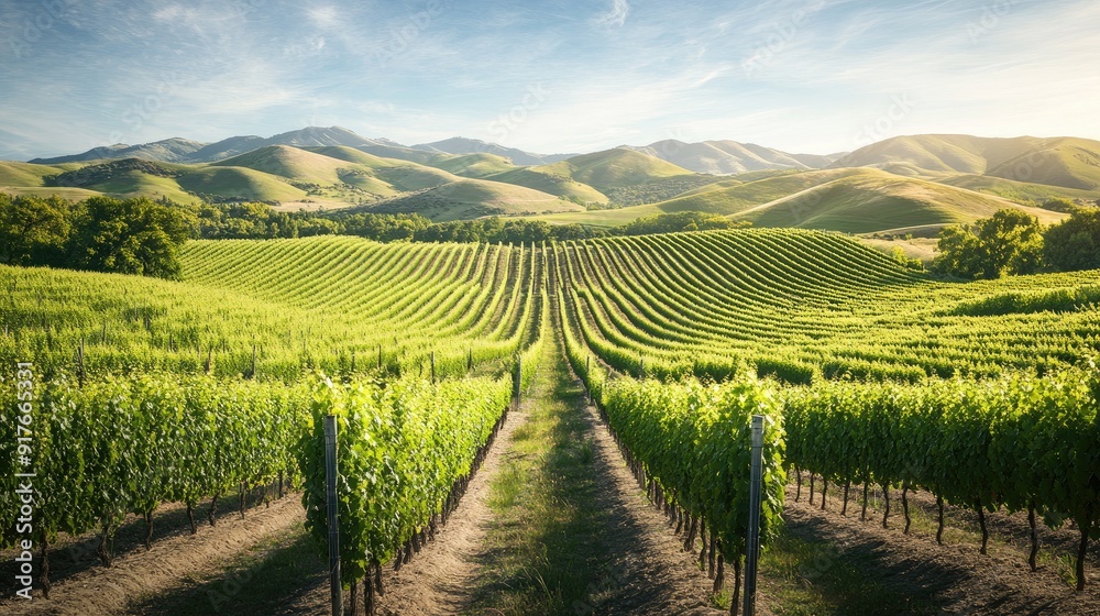 Beautiful vineyard landscape with rows of grapevines, rolling hills, and a clear sky, suitable for wine country themes Beautiful vineyard landscape with rows of grapevines, rolling hills, and a clear sky, suitable for wine country themes