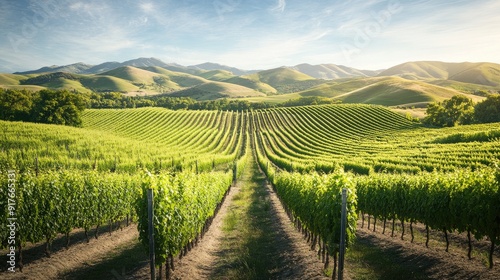 Wallpaper Mural Beautiful vineyard landscape with rows of grapevines, rolling hills, and a clear sky, suitable for wine country themes Torontodigital.ca