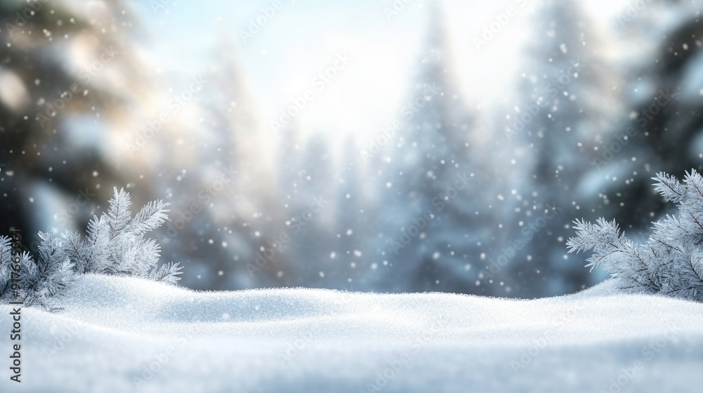 Blurred winter landscape background with snow-covered trees, ideal for seasonal and holiday themes Blurred winter landscape background with snow-covered trees, ideal for seasonal and holiday themes