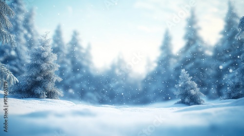 Blurred winter landscape background with snow-covered trees, ideal for seasonal and holiday themes