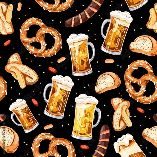 A seamless pattern featuring mugs of beer pretzels bread rolls and sausages perfect for Oktoberfest celebrations beer-themed designs and festive backgrounds