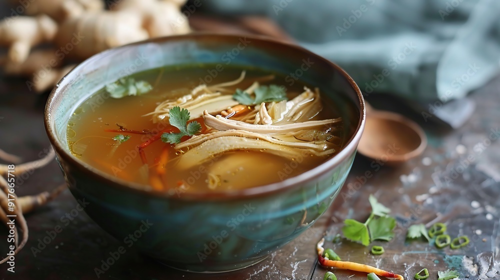 soupy food, chicken soup with ginseng. Generative Ai soupy food, chicken soup with ginseng. Generative Ai