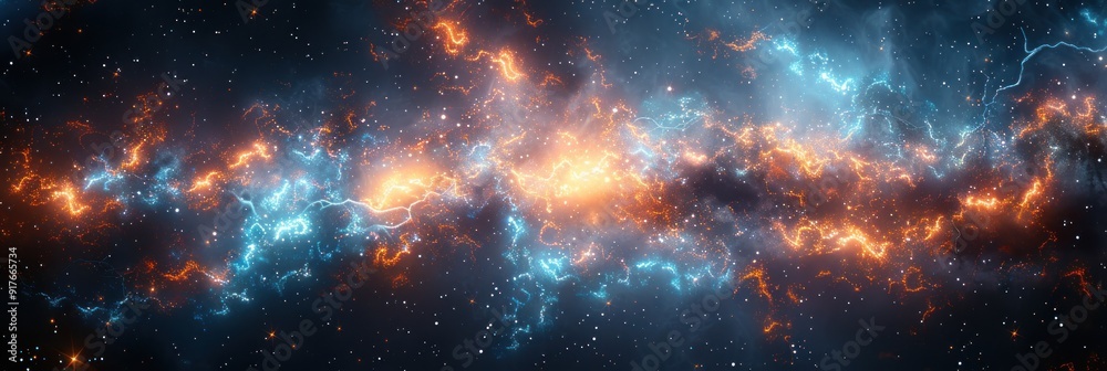 Naklejka premium Cosmic Nebula with Vibrant Blue and Orange Energy