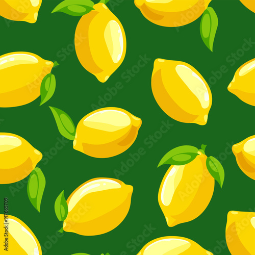 Seamless pattern with juicy yellow lemons and green leaves on a dark green background Perfect for summery designs kitchen decor and refreshing branding