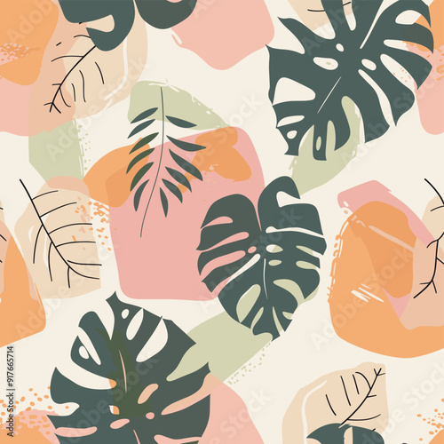 Seamless pattern of tropical leaves and abstract shapes in a soft pastel color scheme The design is perfect for summery projects featuring a delicate and modern aesthetic