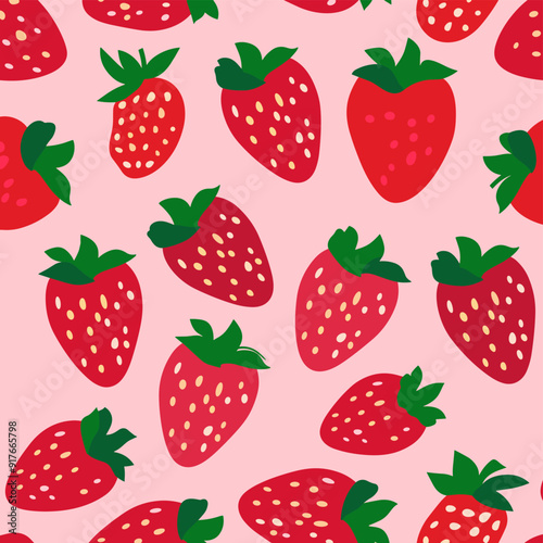 Seamless pattern of red strawberries with white seeds on a pink background The strawberries are arranged in a random pattern and the image is perfect for use as a background or for creating a variety