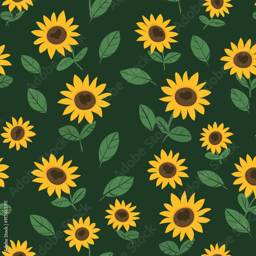 Seamless pattern of yellow sunflowers and green leaves on a dark green background This cheerful and vibrant pattern is perfect for textile design wallpaper or any creative project that needs a touch o