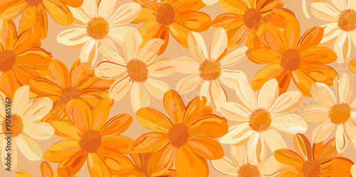 A close-up view of a pattern of yellow and orange daisy flowers against a pale beige background The flowers are painted in a watercolor style