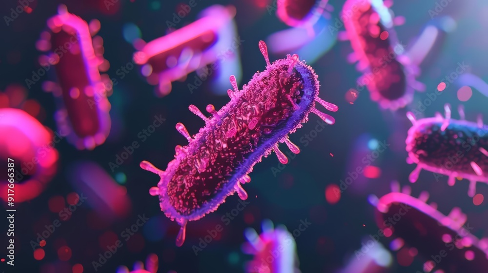 Disease-causing microbes in a polluted urban area, highlighted by neon holographic effects, dark background, sci-fi, digital illustration. Disease-causing microbes in a polluted urban area, highlighted by neon holographic effects, dark background, sci-fi, digital illustration.