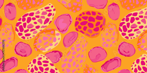 Abstract seamless pattern with bright orange and pink colors in a polka dot pattern