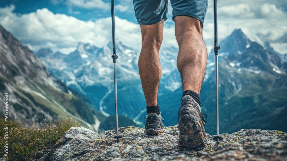 Hiker Standing on a Mountain Peak with a Stunning View Hiker Standing on a Mountain Peak with a Stunning View