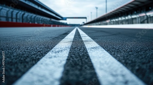 Close-up of the starting grid on an empty racetrack, perfectly aligned and waiting for action.