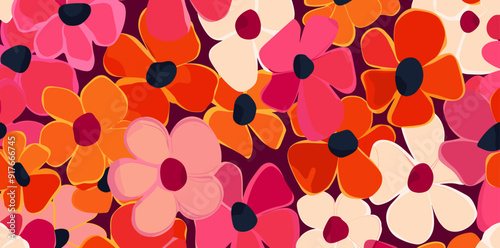 A vibrant and colorful seamless pattern featuring stylized flowers in shades of pink orange and white against a dark burgundy background The playful and abstract design is perfect for textiles wallpap