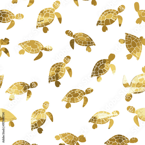 Seamless pattern with golden foil sea turtles on a white background A sophisticated and elegant design featuring the graceful animals in a repeating pattern perfect for various applications