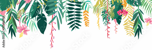 A vibrant and colorful border of tropical foliage and flowers featuring lush green leaves bright pink blossoms and yellow accents Perfect for adding a touch of nature and whimsy to any design